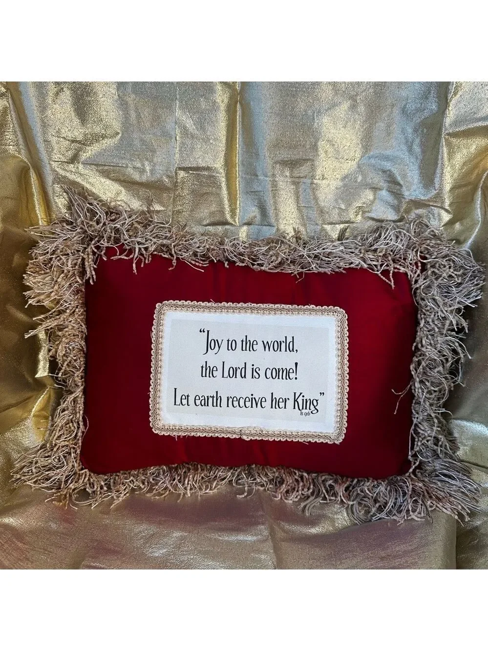 Vintage Red Holiday Pillow w/Gold Fringe ‘Joy to the World, the Lord is come!’